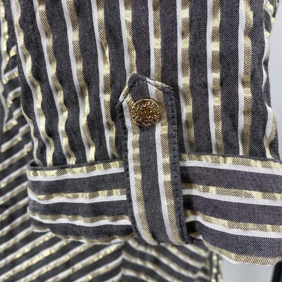 Anne Klein Gold Stripe Zip Front Blouse Women Short Sleeve Career Top - Picture 5 of 13